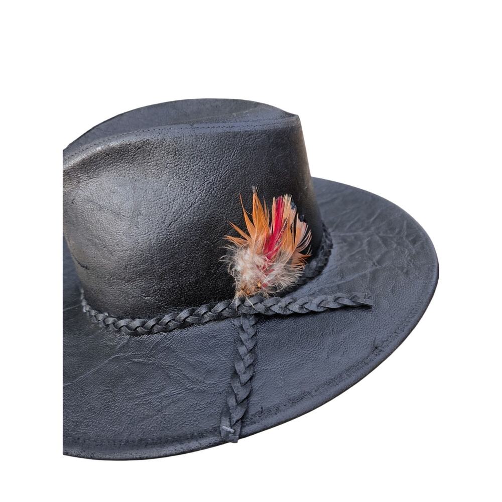 Vintage Leather Cowboy Hat Feather Western Unisex Small USA Made - Picture 8 of 12